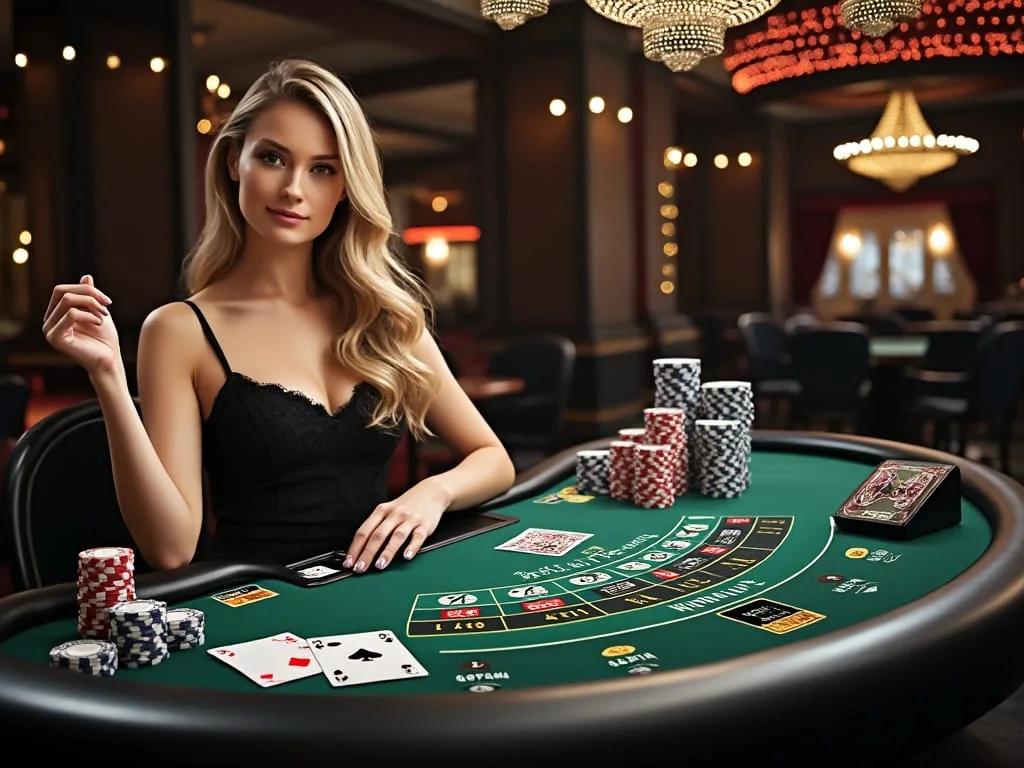 Tampilan meja kasino live dengan dealer dan layar permainan